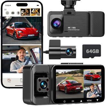 3-канальний автомобільний відеореєстратор 4K (передній, задній, салонний), 170° широкий кут, нічна зйомка, паркування 24/7, G-сенсор, WiFi 5.8 ГГц, SD-карта 64ГБ, чорний