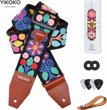 Гітарний ремінь 5,1 см з бавовни з шкіряними кінцями для бас-гітари, електрогітари та акустичної гітари (Кольорова квітка 02)