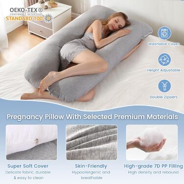 Подушка для вагітних SHANNA U-подібної форми, подушка для сну на боці, подушка для годування, з м'якою обтягуючою тканиною Minky Dot, велика подушка для сну, комфортна подушка для дорослих, подушка для тіла (бавовна, в'язана світло-сіра, U-подібна форма -