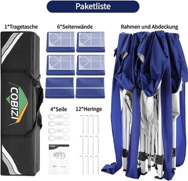 COBIZI Pavilion 3x3 Waterproof Folding Pavilion with 4 Side Panels Outdoor Folding Pavilion Stable UV Protection 50+ Pop-Up Garden Pavilion Party Tent for Outdoors, Garden, Party, Wedding, Market (Navy Blue, 3x6m)