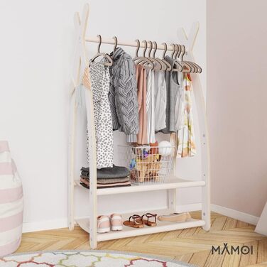 MAMOI® Clothes Rack Baby Nursery | Children's Clothes Rack 106x95x32cm / 53x95x32cm | Children's Clothes Stand Baby | Coat Rack | Baby Wardrobe | Children's Wardrobe | 100% ECO | Made in EU (1 Module - 2 Shelves, White - Beige)