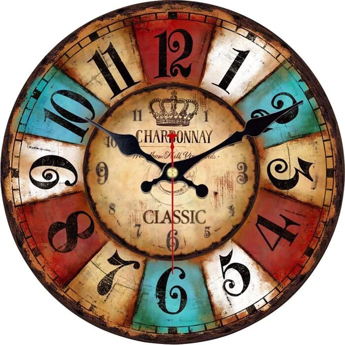 VIKMARI Quartz Wall Clock Wood Silent Hanging Clock, Battery-Powered Round Rustic Clock, Easy to Read Vintage Interior Wall Clock |Colorful Arabic Numerals|14