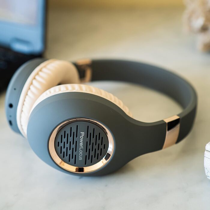 PowerLocus Bluetooth навушники Over-Ear, бездротові, складні, з мікрофоном, Hi-Fi стерео, глибокий бас, м'які амбушюри, для телефону, планшета, ПК - асфальтово-сірий