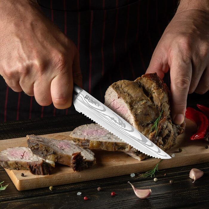 Японський ніж JUANSHI® 13 см, універсальний ніж для кухні - професійний ніж з ручкою з паккавуду з високоякісної нержавіючої сталі з вуглецевої сталі, 2024227 (ніж для стейка 11.4 см)