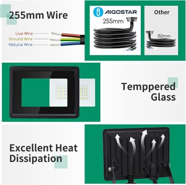 Aigostar 20W LED Floodlight with Motion Sensor Outdoor, 1650LM 6500K Cool White Outdoor Floodlight, IP65 Waterproof Spotlight, Outdoor Light for Garden, Courtyards, Garage, Hotel, 2PC