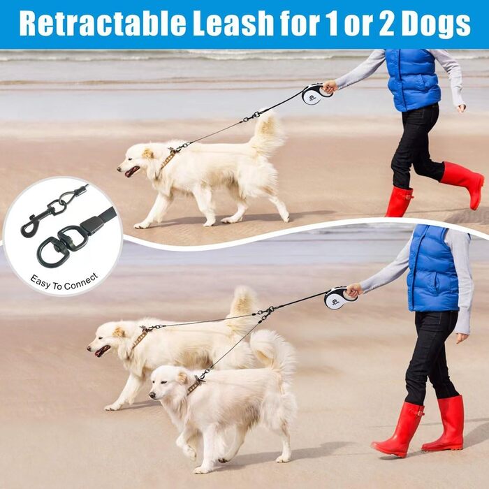 Висувна поводок для собак, 5 м, подвійний поводок для 2 собак, для собак середніх та великих порід до 50 кг, білий та чорний