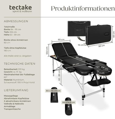 Масажний стіл Tectake®: розкладний, регульований по висоті, з 3 зонами, для косметичних процедур, масажу та татуювання - білий (404635)