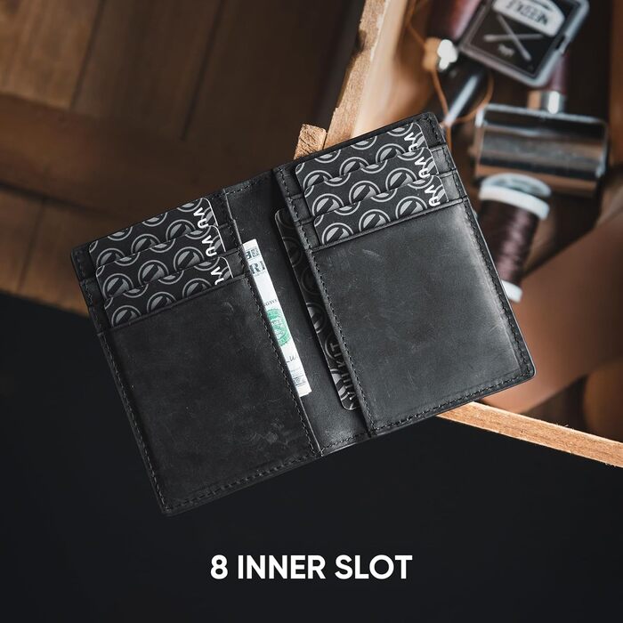 Чоловічий шкіряний картхолдер VULKIT з RFID захистом, чорний - Slim Wallet для 10 карт