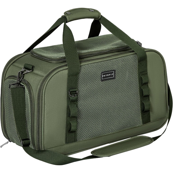 Транспортна переноска для кота та собаки Petsfit - міцна, дихаюча, з ковдрою та ручкою-телескопом, оливковий (49x23x28 см)