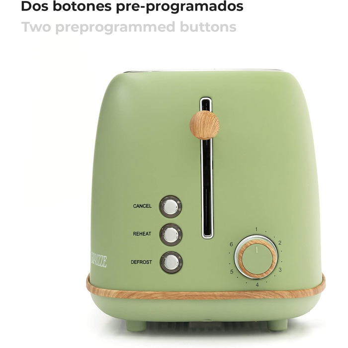 Тостер Kaito з широким подвійним слотом, 3,8 см та 13,5 см, 6 рівнів підсмажування, вінтажний дизайн, ефект дерева, матово-зелений колір