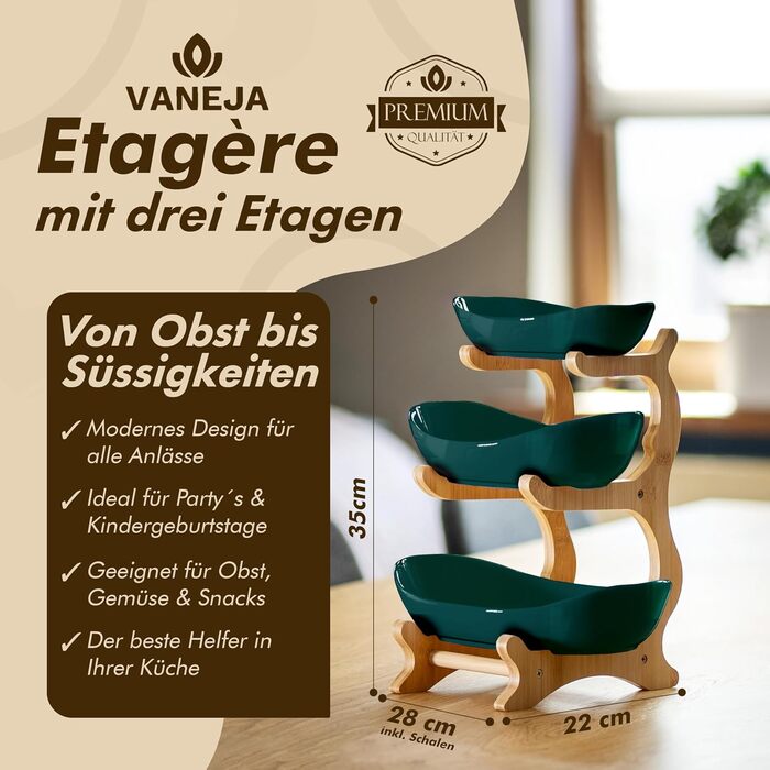 Керамічна фруктова тарілка на бамбуковому підставці, 3 яруси, для фруктів, закусок, випічки, стильна, сучасна, зелена