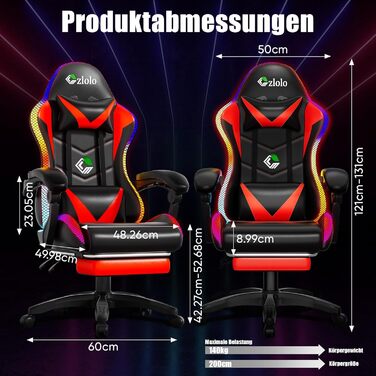 Геймерське крісло Czlolo RGB LED з підставкою для ніг, ергономічне офісне крісло для комп'ютера, блакитне (RGB-червоне)