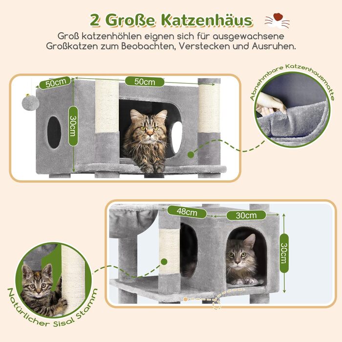 Драбина для котів Globlazer XXL, 188 см, з будиночком, платформами та кошиками. Стабільна, не перекидається, для великих котів, сірий