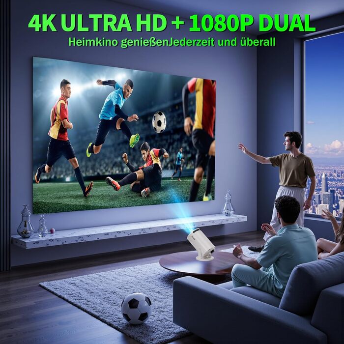 4K проєктор Beamer Full HD 1080P Mini з Wi-Fi 6 та Bluetooth 5.2, Android, портативний, 270° обертання, автоматична корекція трапеції, для PC/HDMI/USB, з мишкою та пультом, білий