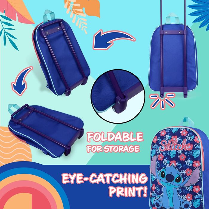 Дитяча валіза Disney Stitch, легкий складаний дорожній чемодан 39x27 см, 10.5 л, на 2 колесах з висувною ручкою, ручна поклажа