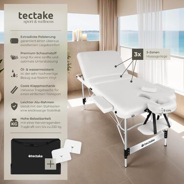 Масажний стіл Tectake 3 зони, розкладний, з регулюванням висоти, з аксесуарами (ширина без підлокітників: 78 см, білий)