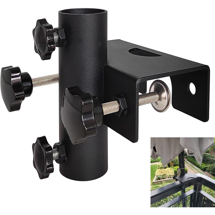 VANROUG Robust Balcony Umbrella Holder, Clamp, Garden Fence, Parasol, Terrace Decking, Clamping Range (20 mm - 63 mm), Umbrella Diameter (23 mm - 38 mm) (black)