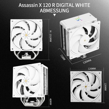 Thermalright Assassin X 120R Digital White - кулер для CPU з цифровим дисплеєм, 4 теплові трубки, PWM вентилятор, підтримка AM5 та Intel LGA1700/1851/1150/1151/1200