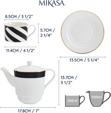Mikasa Luxe Deco Porcelain Tea Set for One, Tea Set for One Person with Teapot, Cup, and Saucer, Stackable Tea Set, Dishwasher Safe