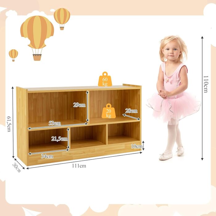 DREAMADE Kids Bookshelf, Toy Storage Bookshelf for Children, Toy Shelf for Children's Room, Playroom and Kindergarten, 111 x 30 x 61.5 cm (Light Natural)