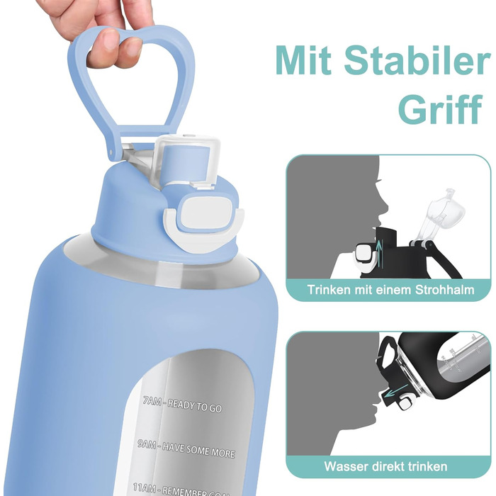 2 Liter Glass Water Bottle, 2L Glass Bottle, Glass Water Bottle with Straw, Bottle Brush (Blue)