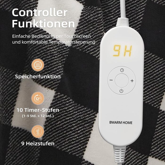 Електрична ковдра з підігрівом 130x180 см з таймером та захистом від перегріву. 9 рівнів нагріву, функція пам'яті. Для спальні, офісу. Чорно-білий візерунок.