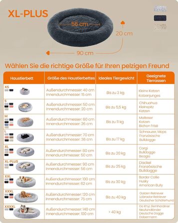 Кругле ліжко для собак та котів Feandrea з м'яким плюшем, діаметр 60 см, колір Ombré-Grey, знімний наповнювач, 90x90x20 см, темно-сірий