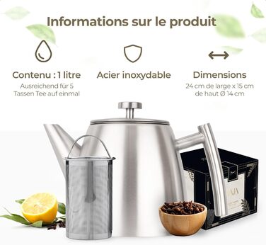 Teapot | Stainless Steel 1L | Teapot with Infuser | Stainless Steel Teapot | Stove for Teapot | Teapot with Stove | Tea Maker | Double-walled (Gray)