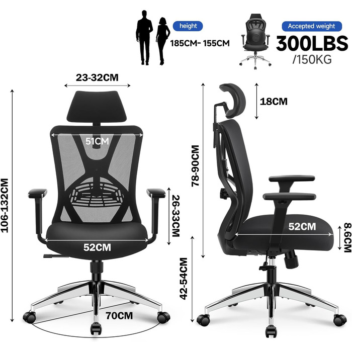 Ticova Ergonomic Office Chair - Adjustable Lumbar Support, Headrest & 3D Armrests