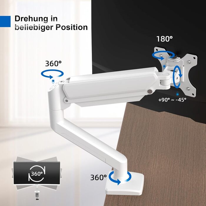 Кріплення для монітора GRIFEMA, 13-32 дюйми, регульоване, поворотне, до 9 кг, VESA 75x75/100x100, білий