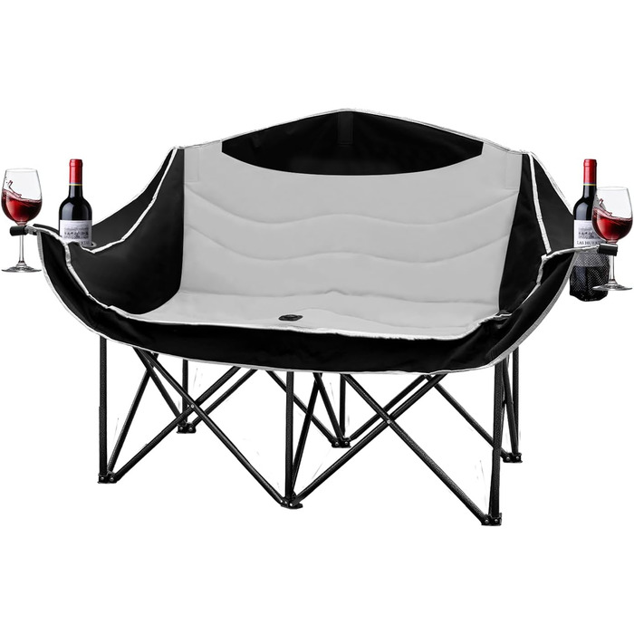 Кампанінг стілець подвійний великий, м'який, з підсклянником, складаний для 2 осіб, чорно-білий