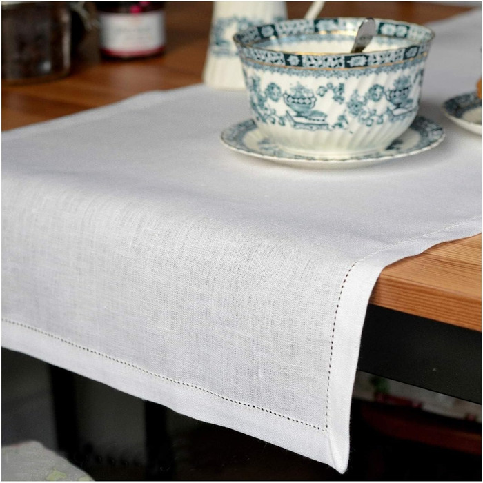 Linen & Cotton High-Quality and Elegant Table Runner Fabric/Table Band with Hollow Edge Florence - 100% Linen, 43 x 180cm (White/Weiss), Ideal for Wedding, Catering, Hotel