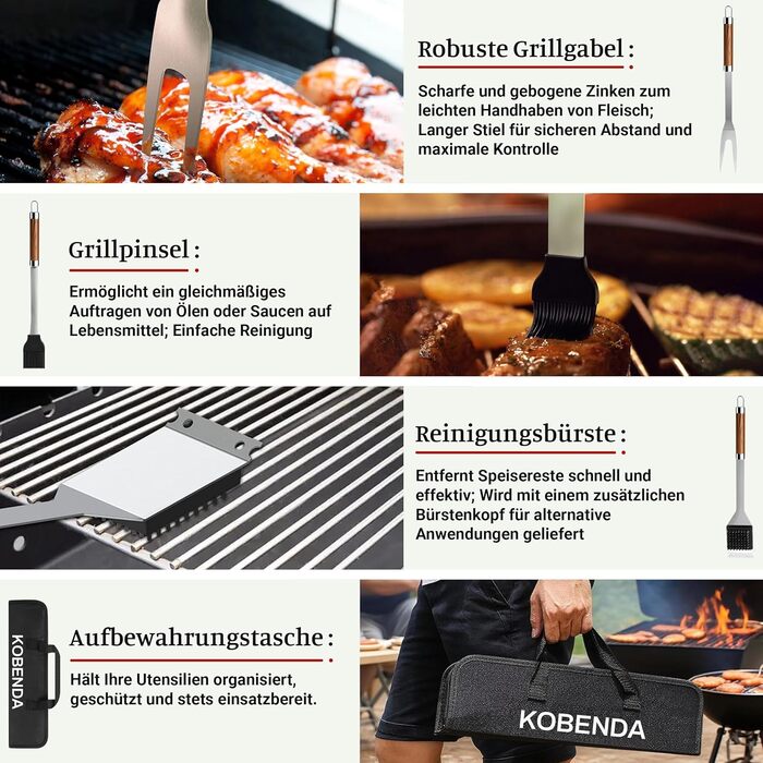 Набір гриля KOBENDA 7 предметів з нержавіючої сталі з чохлом, професійний BBQ аксесуар, ідеальний подарунок для чоловіків