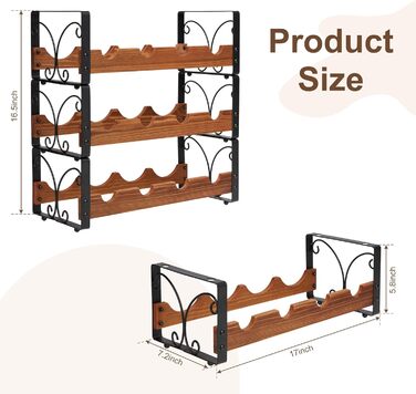 Rustic 3-Tier Stackable Wine Rack Freestanding 12 Bottle Organizer Holder Stand Countertop Liquor Storage Shelf Solid Wood & Iron 16.5
