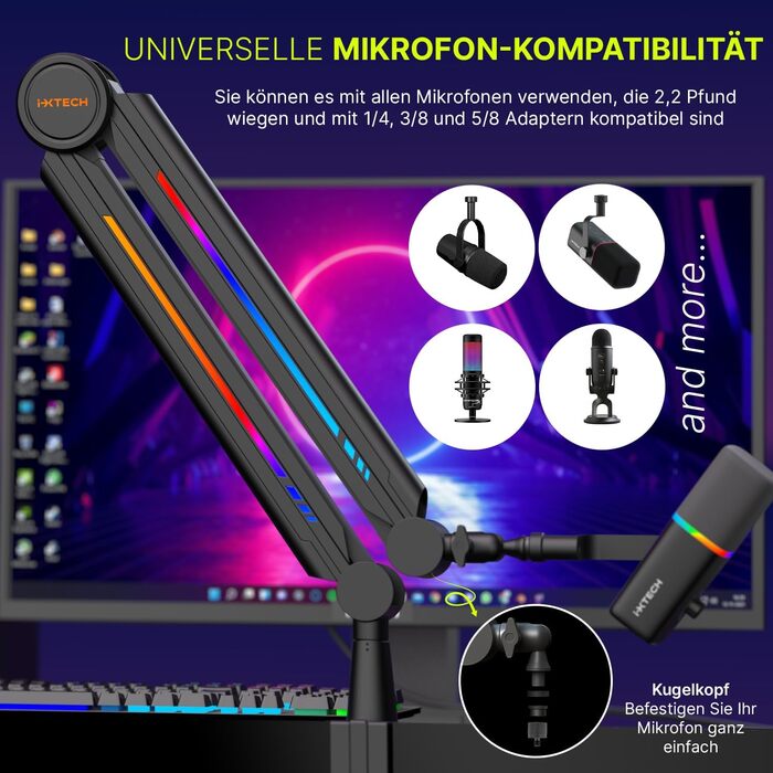 Кріплення мікрофона IXTECH RGB Boom Arm: регульований тримач для стрімінгу, геймінгу, чорний
