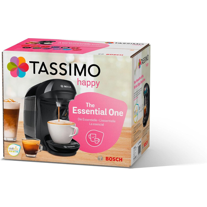 Кавомашина Tassimo Happy TAS1002N від Bosch: понад 70 напоїв, автоматична, для будь-яких чашок, компактна, 1400 Вт, чорний/антрацит