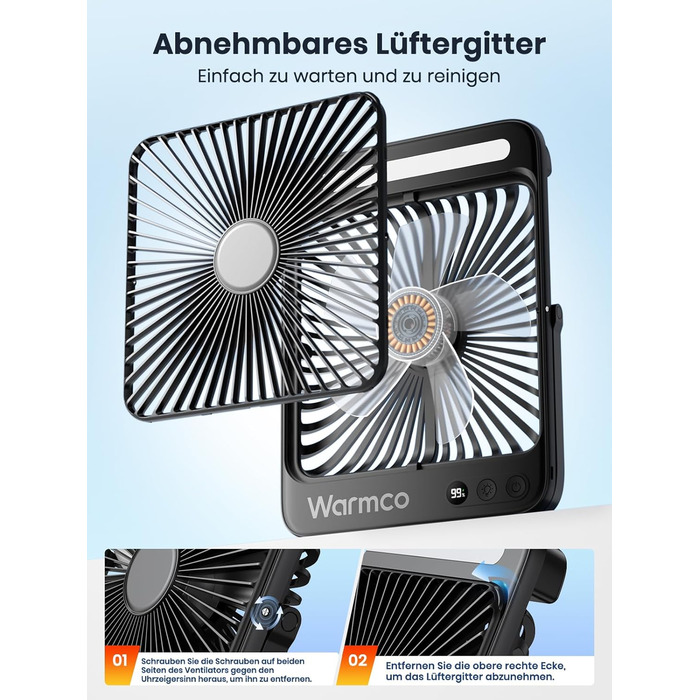 Вентилятор для кемпінгу Warmco 20000mAh з лампою та дисплеєм, 15-48 годин роботи, тихий, ультратонкий, з гачком, USB, чорний