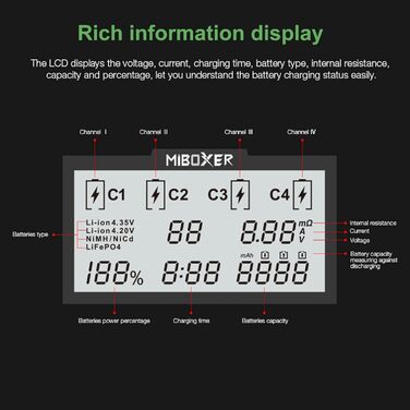 Зарядний пристрій для акумуляторів AUKSKY з LCD-дисплеєм (8 слотів) - універсальна зарядка для NI-MH, NI-Cd, AA, AAA, 14500, 18350, 21700, 26650, Li-Ion, LiFePO4, RCR123A (1.5A, 4 порти)