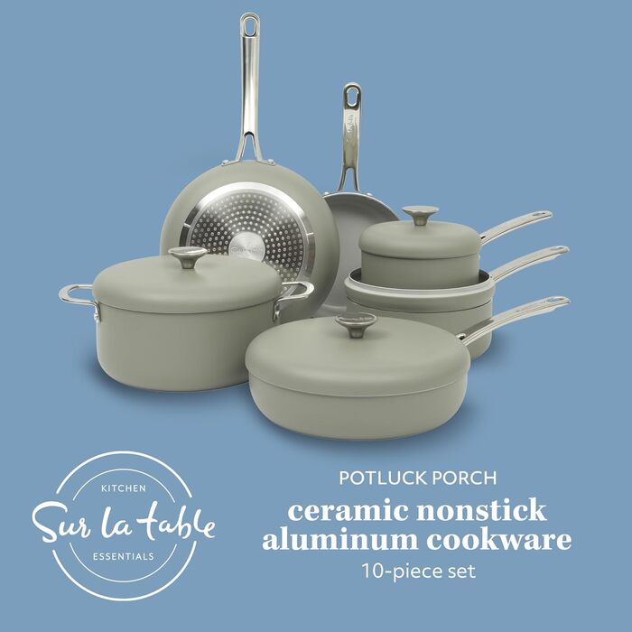 Набір кухонного посуду Sur La Table Kitchen Essentials 13-Piece, преміум-кераміка, антипригарне покриття, для індукційних плит, знімний ручка, смарагдово-зелений
