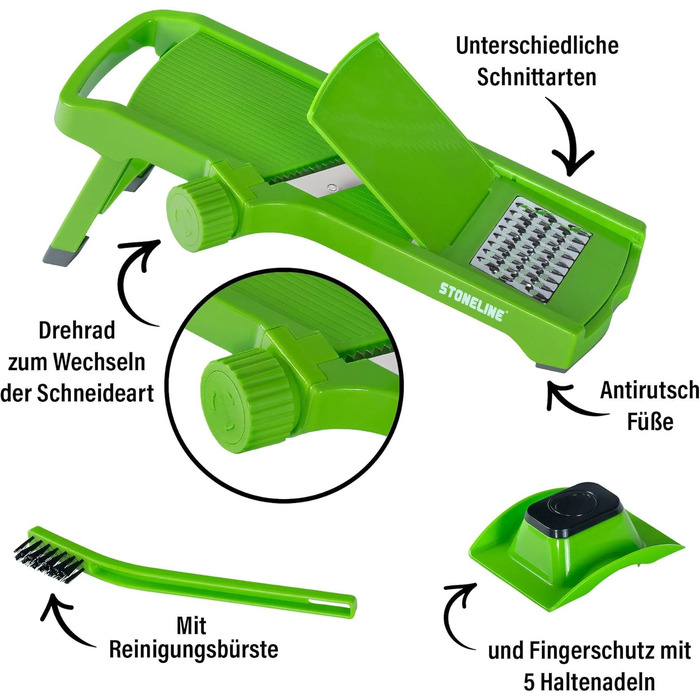 Набір для нарізки овочів STONELINE V: 9 частин для нарізки скибочками, соломкою, кубиками, спіралями. З нержавіючої сталі, з 5 насадок, овочевий слайсер, тертак, фрі-нарізач, мандоліна, кухонний овочевий слайсер (зелений, 3 шт.)