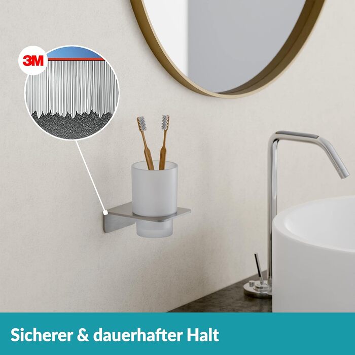 WEISSENSTEIN Toothbrush Holder without Drilling | Cup and Toothbrush Holder to Glue to the Wall | Stainless Steel Holder and White Glass | in Silver