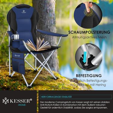 Крісло для кемпінгу KESSER® розкладне, до 150 кг, для риболовлі, з підлокітниками, високою спинкою, пляшкотримачем, світлом, сумкою та стаканчиком, хакі (темно-синій/чорний)