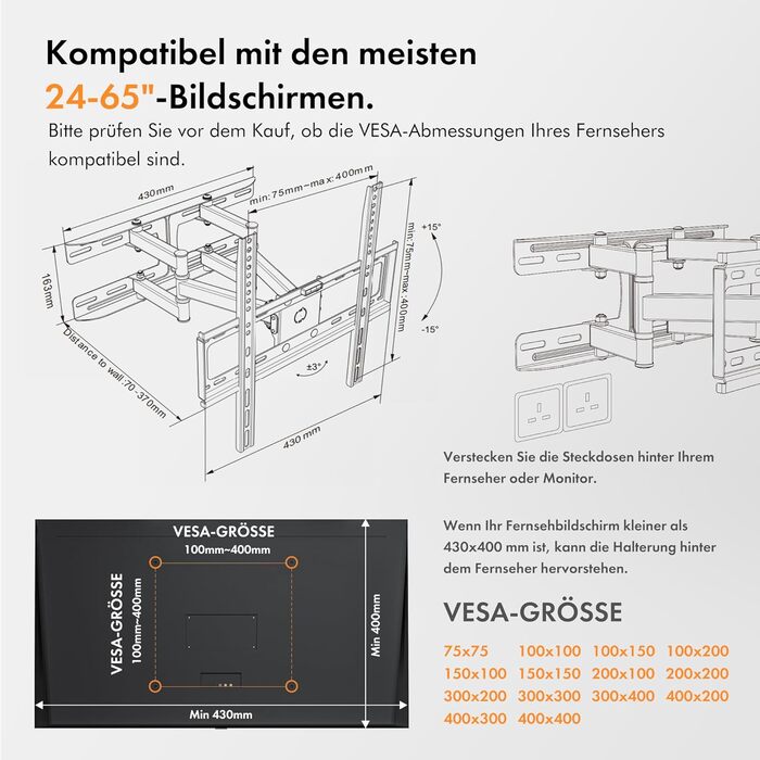 Кріплення для телевізора VonHaus – поворотне та нахильне, для телевізорів 23-70 дюймів (LCD, LED, OLED, Curved) до 45 кг, VESA 400x400 мм