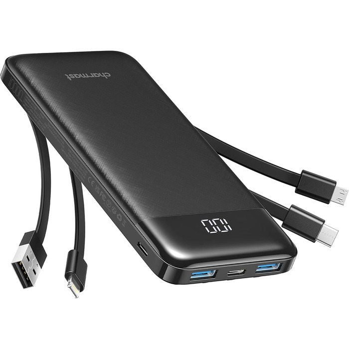 Power Bank Charmast 10000mAh з 6 виходами, USB-C, LED-дисплеєм, 4 кабелями, чорний