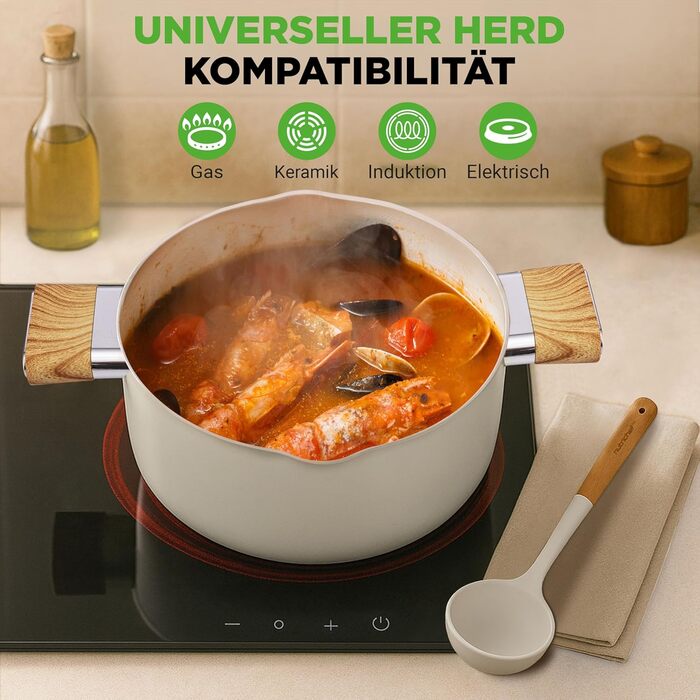 Набір посуду NutriChef Topfset 14 предметів бежевого кольору з керамічним антипригарним покриттям для індукційних плит: каструлі, сковороди, кришки