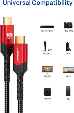 JSAUX HDMI 2.1 Кабель 8K 1.8м: 48Gbps, Highspeed Ethernet, HDR, eARC, Dolby Vision, VRR, для PS4 Pro, PS5, TV, Blu-ray, Проектор (червоний)
