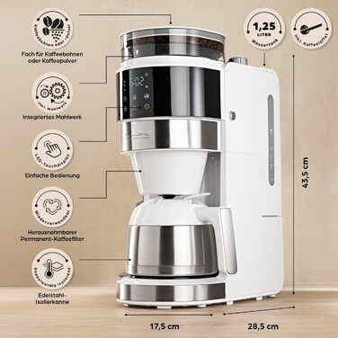 Кавомашина Barista Filterkaffeemaschine з регульованим млинком та термокружка | Функція підігріву, таймер 24 год та постійний фільтр | Для 10 чашок кави | Кавомашина для зерен та меленої кави [Нержавіюча сталь] (9) Weiß (Pro Design) - Термокружка - з