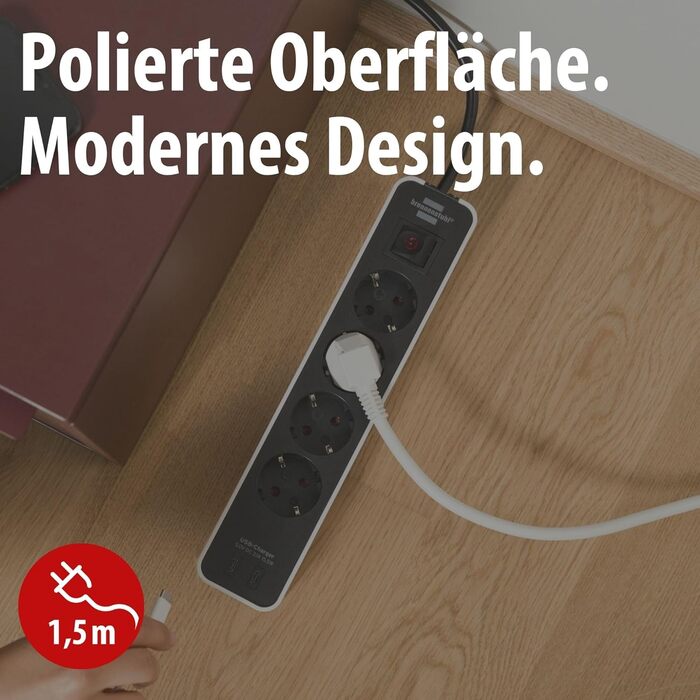 Брененштуль Розподільник розеток Ecolor 4-фазний з USB (білий/чорний) з вимикачем, 1.5м кабель, 4 розетки та 2 USB-порти (USB-C)
