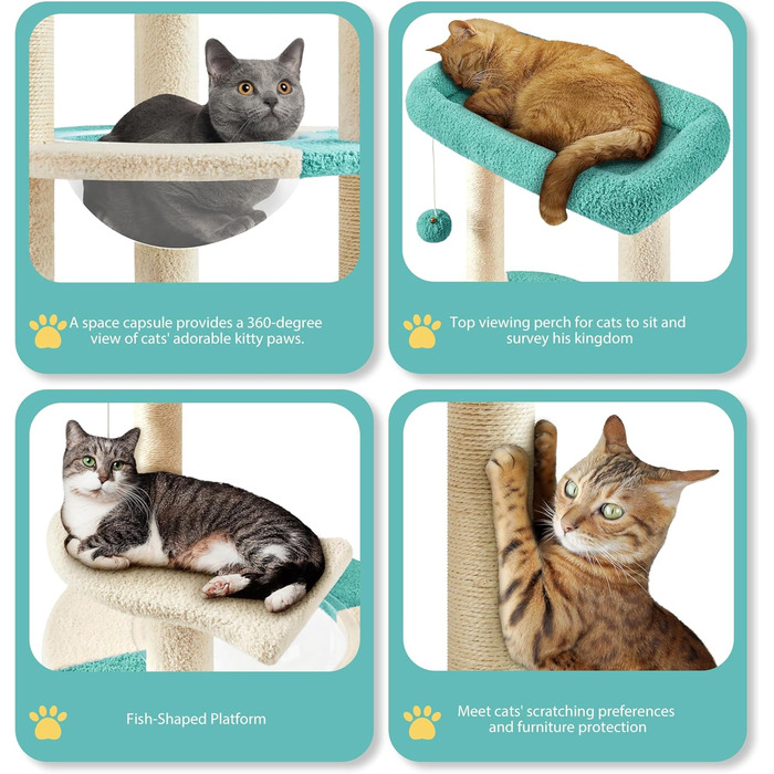 Yaheetech Cat Tree, Ocean Design Cat Tree, Cat Scratching Post, with Platform Space Capsule Sisal Posts, Stable Cat Climbing Tree, (Indigo/Beige)