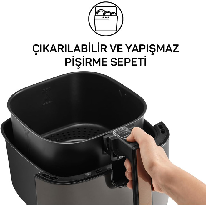 Аерофритюрниця Arzum 6л Чорна - Здорова смаження без олії, 8 програм, регулювання часу та температури, посудомийна машина